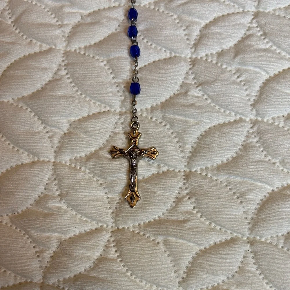 INRI Blue Beaded Rosary Necklace with Silver Accents